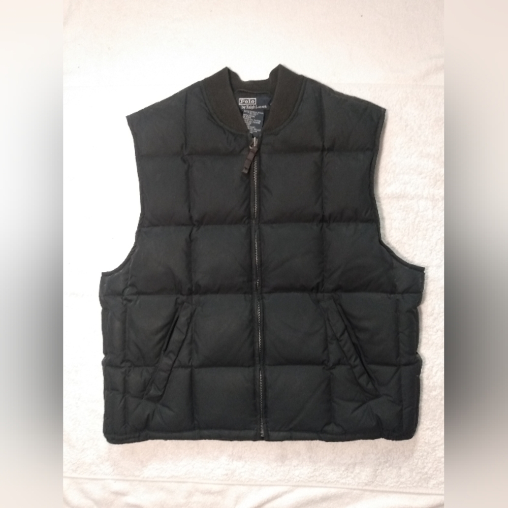Vintage POLO RALPH LAUREN Quilted Down Filled Wool Ribbed Black Puffer Vest - L